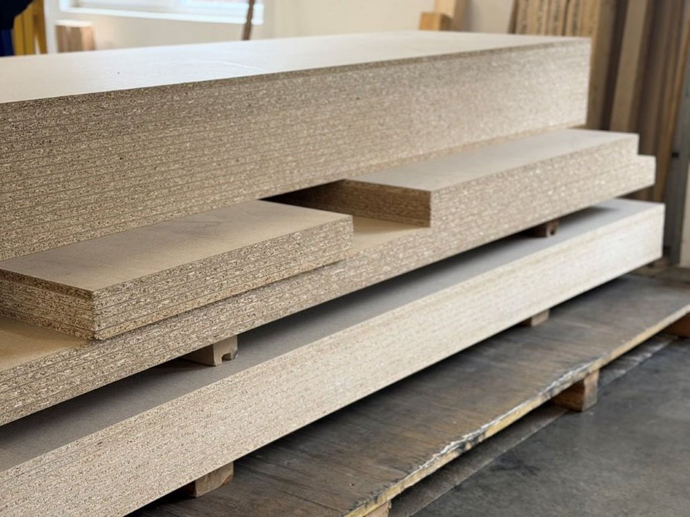 Gestapelte Holzwerkstoffplatten f&uuml;r die Serienproduktion bei Eickhoff Holzbearbeitung